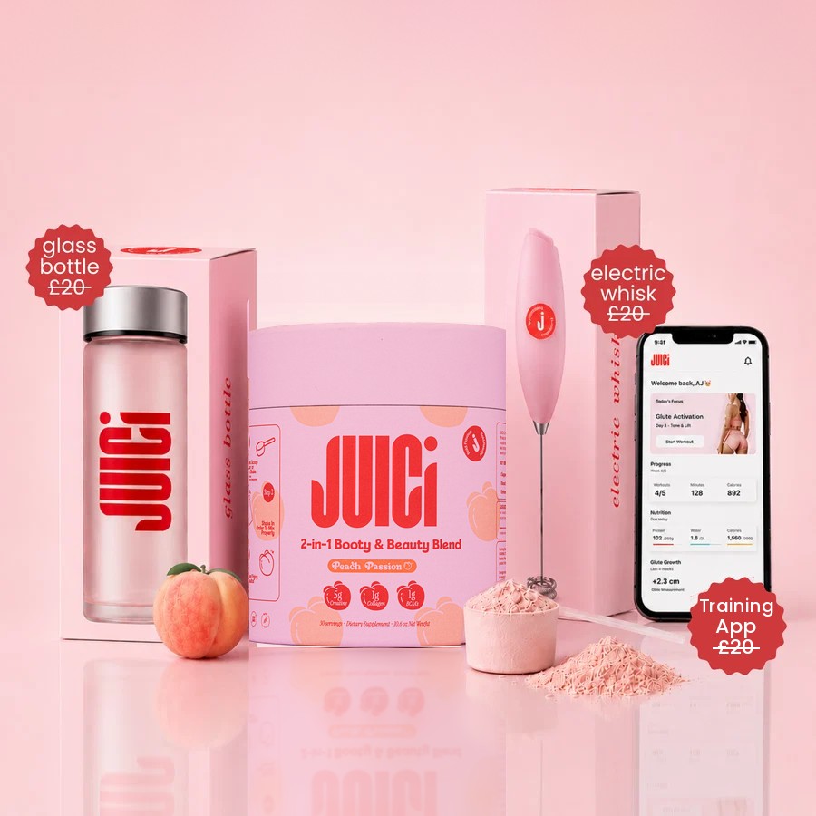JUICi starter kit — glass bottle, electric whisk, training app + peach passion tub (worth £80 free).