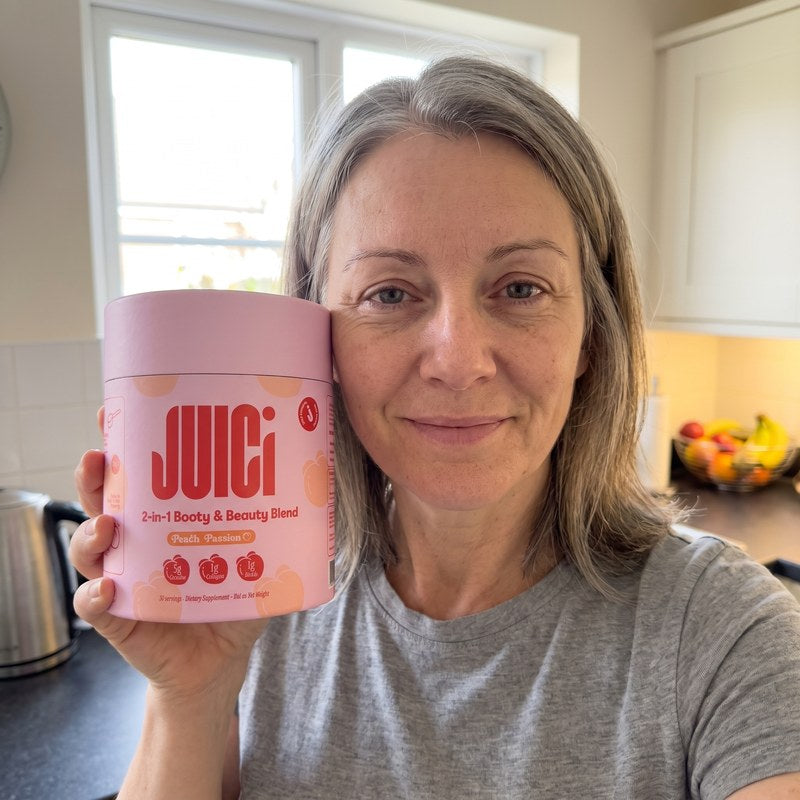 Sarah M., verified buyer, holding her JUICi tub