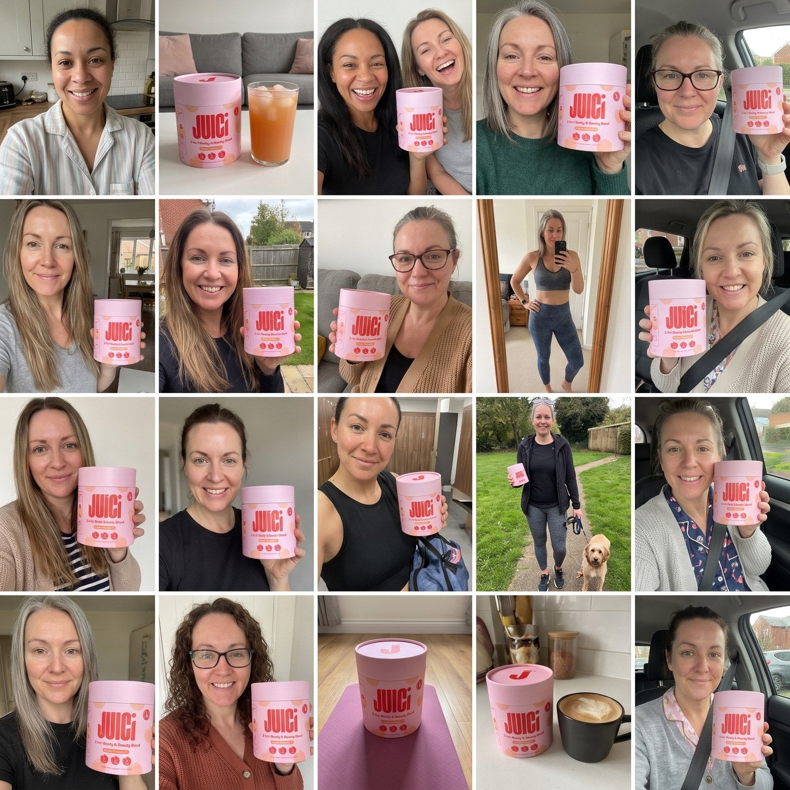 Real JUICi customers — a collage of UK women in their 40s and 50s holding the tub at home, in the car, on dog walks.
